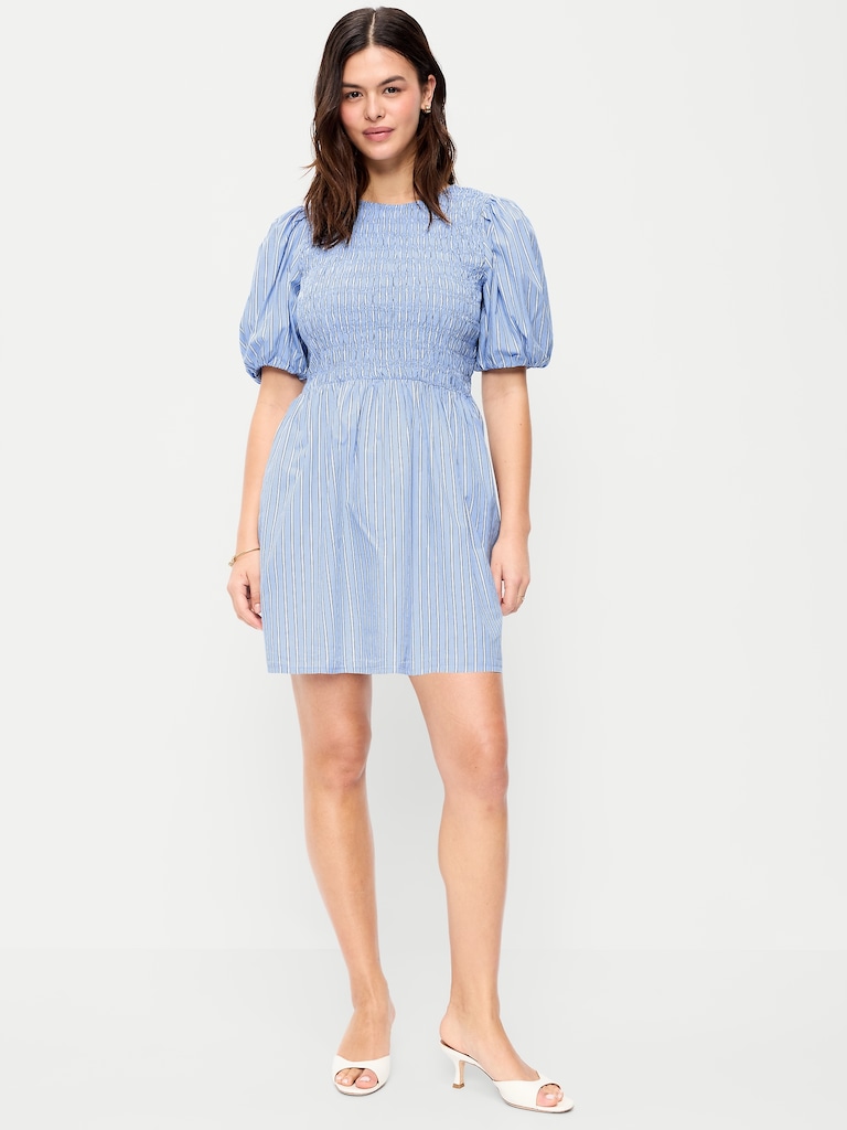 Smocked Puff-Sleeve Flare Mini Dress