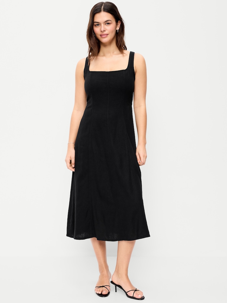 Fit & Flare Seamed Linen-Blend Midi Dress
