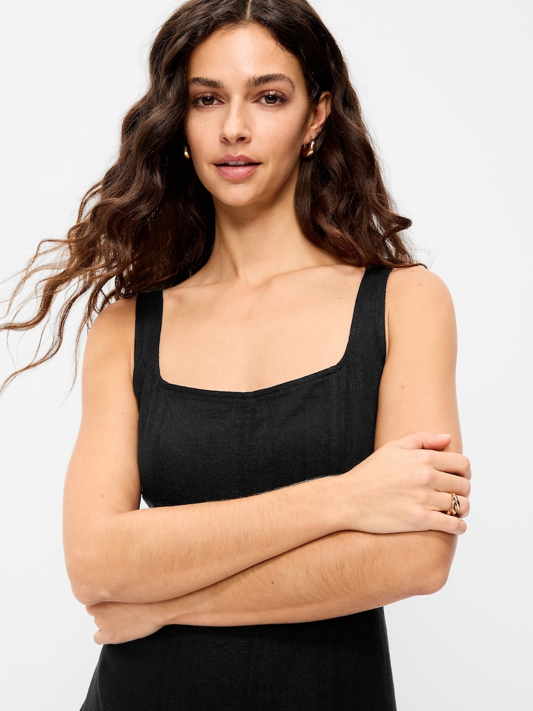 Fit & Flare Seamed Linen-Blend Midi Dress