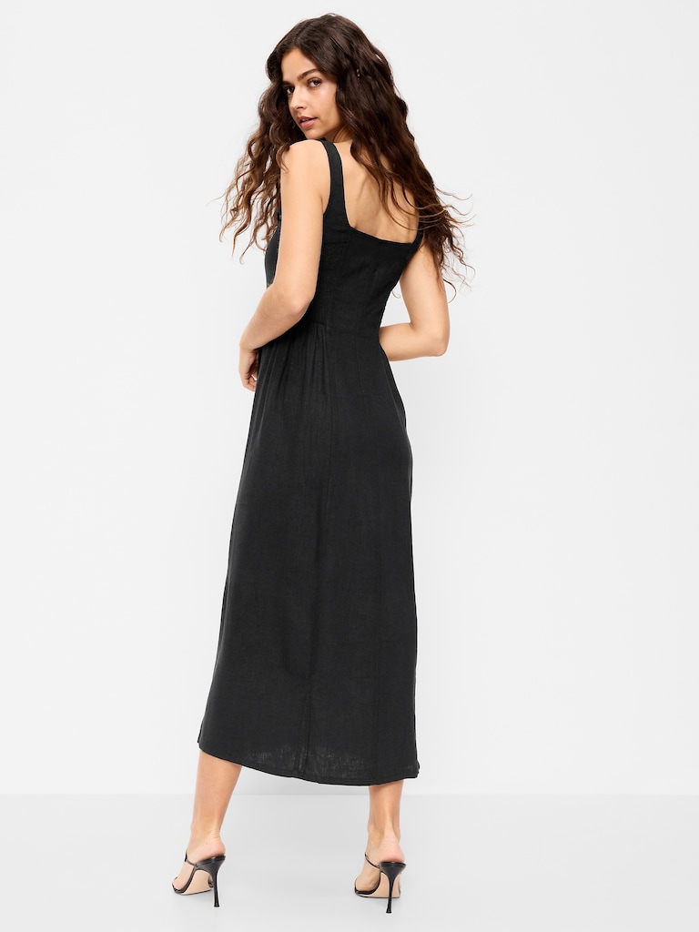 Fit & Flare Seamed Linen-Blend Midi Dress