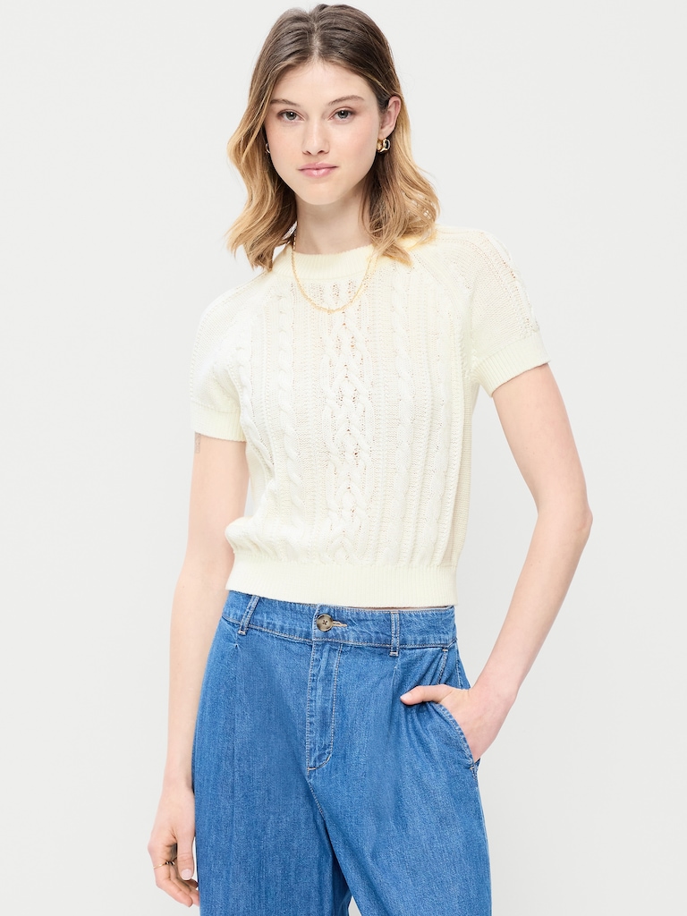 Seaside Cotton Short-Sleeve Cable-Knit Cropped Sweater