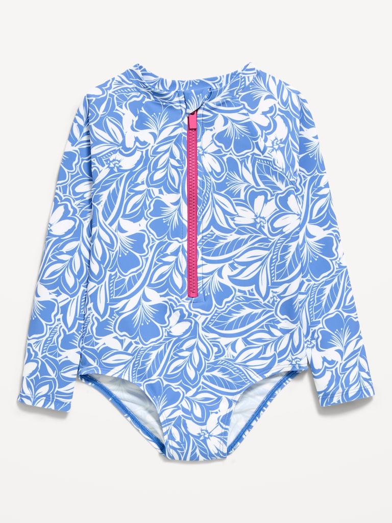 Printed Zip-Front Rashguard One-Piece Swimsuit for Toddler Girls