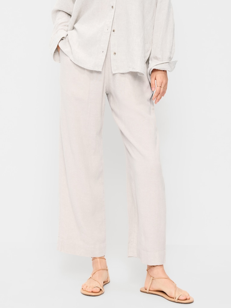 High-Waisted Linen-Blend Straight Ankle Pants