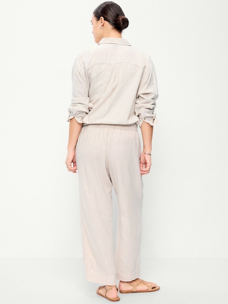 High-Waisted Linen-Blend Straight Ankle Pants