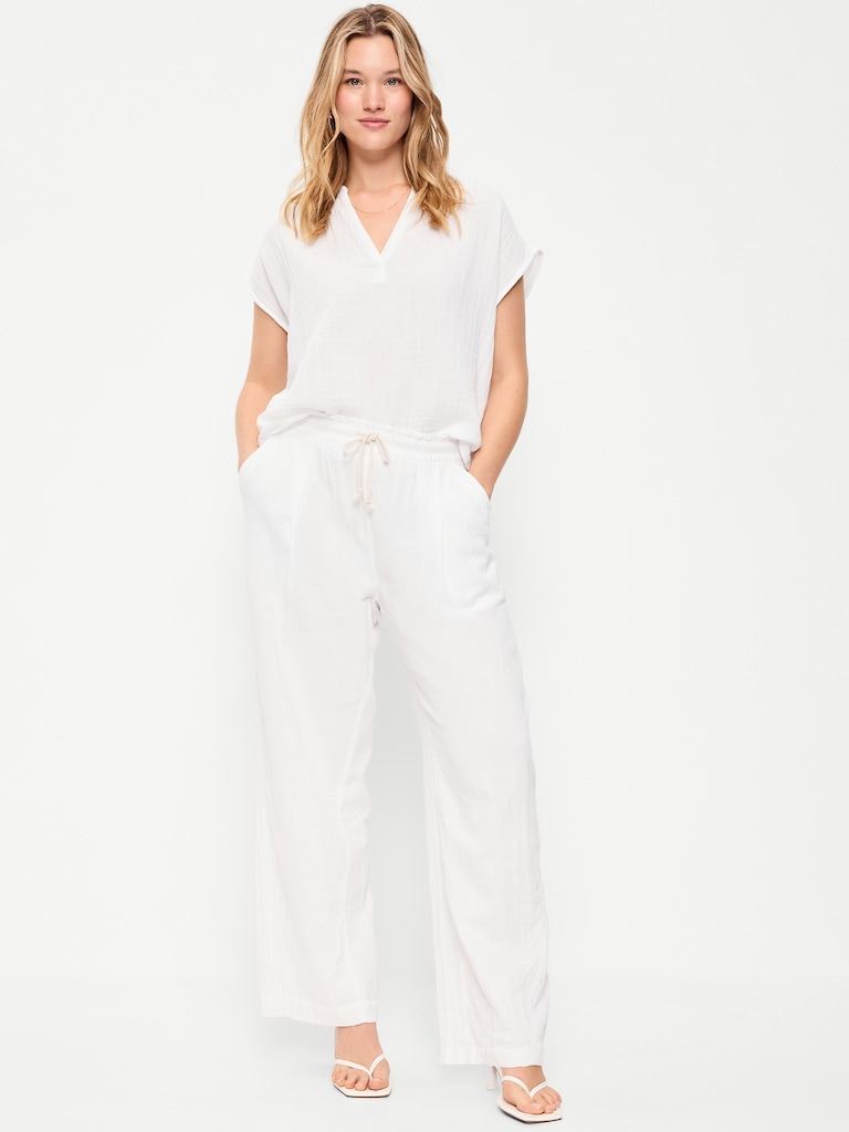 High-Waisted Crinkle Gauze Barrel Ankle Pants