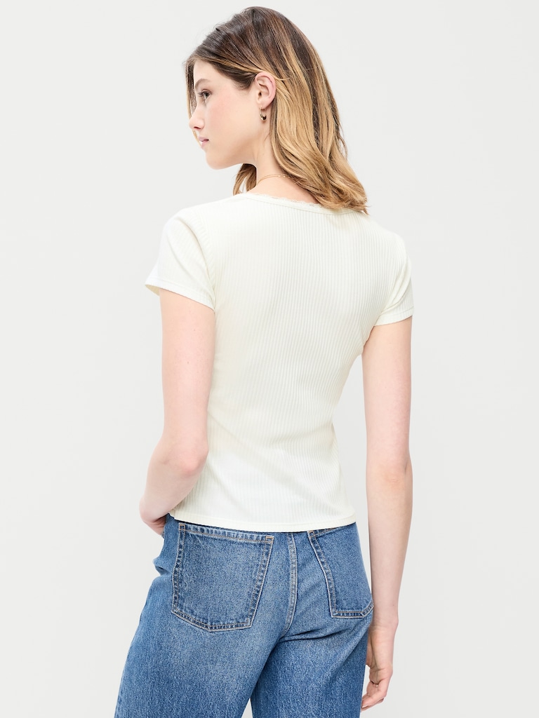 Lace-Trim Sweetheart-Neck Ribbed Top