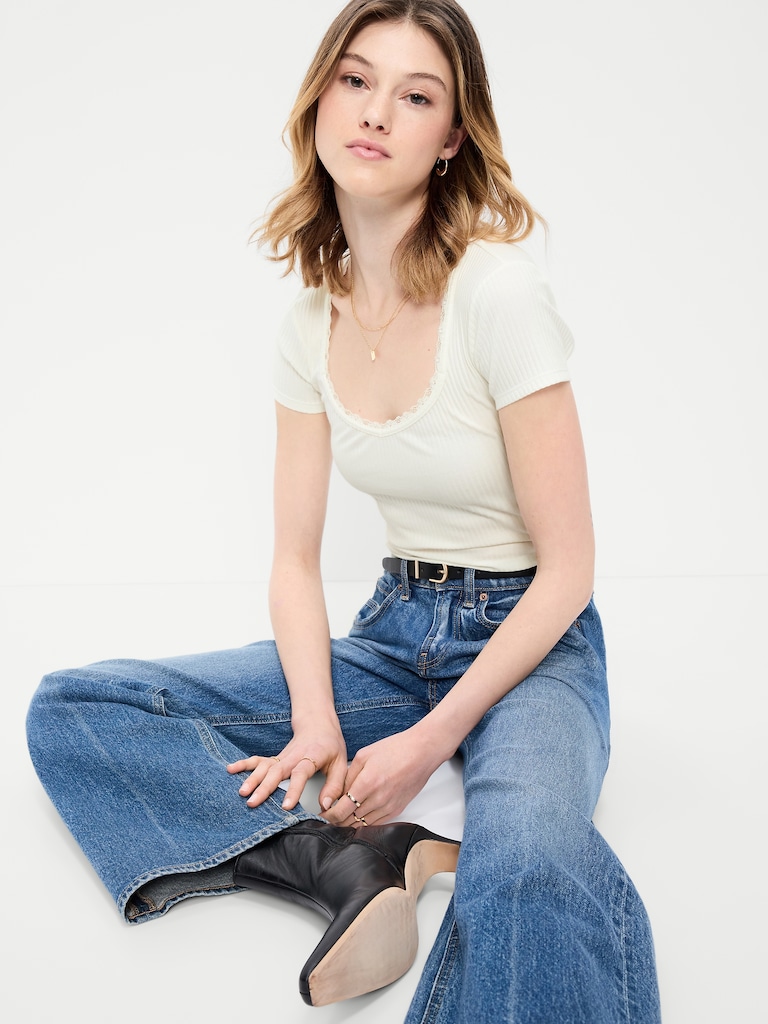 Lace-Trim Sweetheart-Neck Ribbed Top