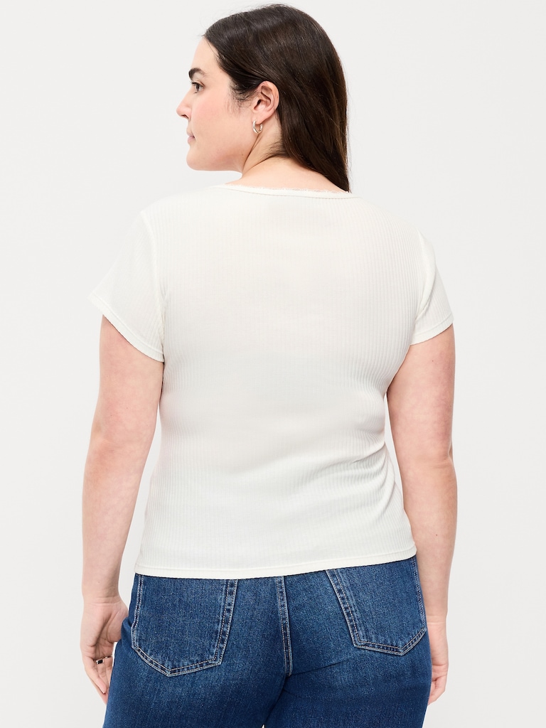 Lace-Trim Sweetheart-Neck Ribbed Top