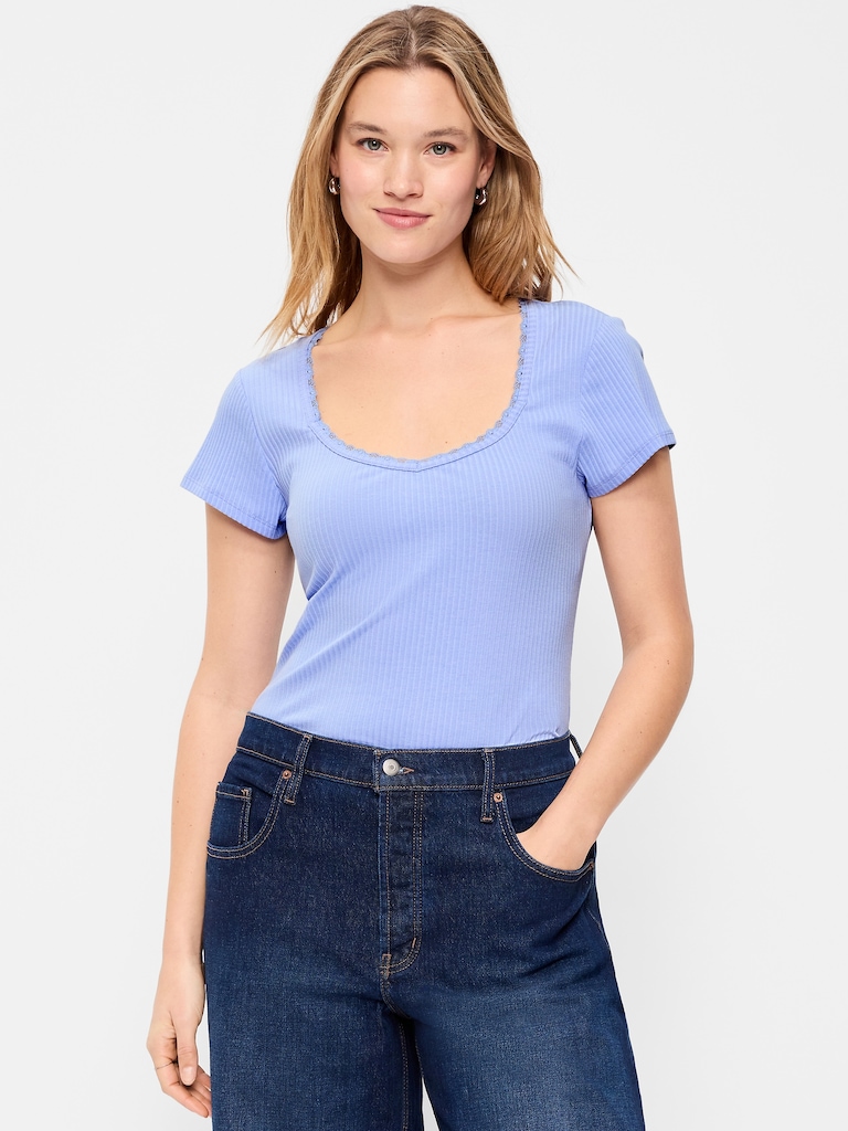 Lace-Trim Sweetheart-Neck Ribbed Top