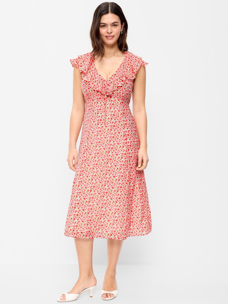 Ruffle-Sleeve Fit & Flare Midi Dress