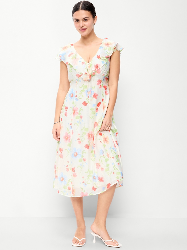 Ruffle-Sleeve Fit & Flare Midi Dress