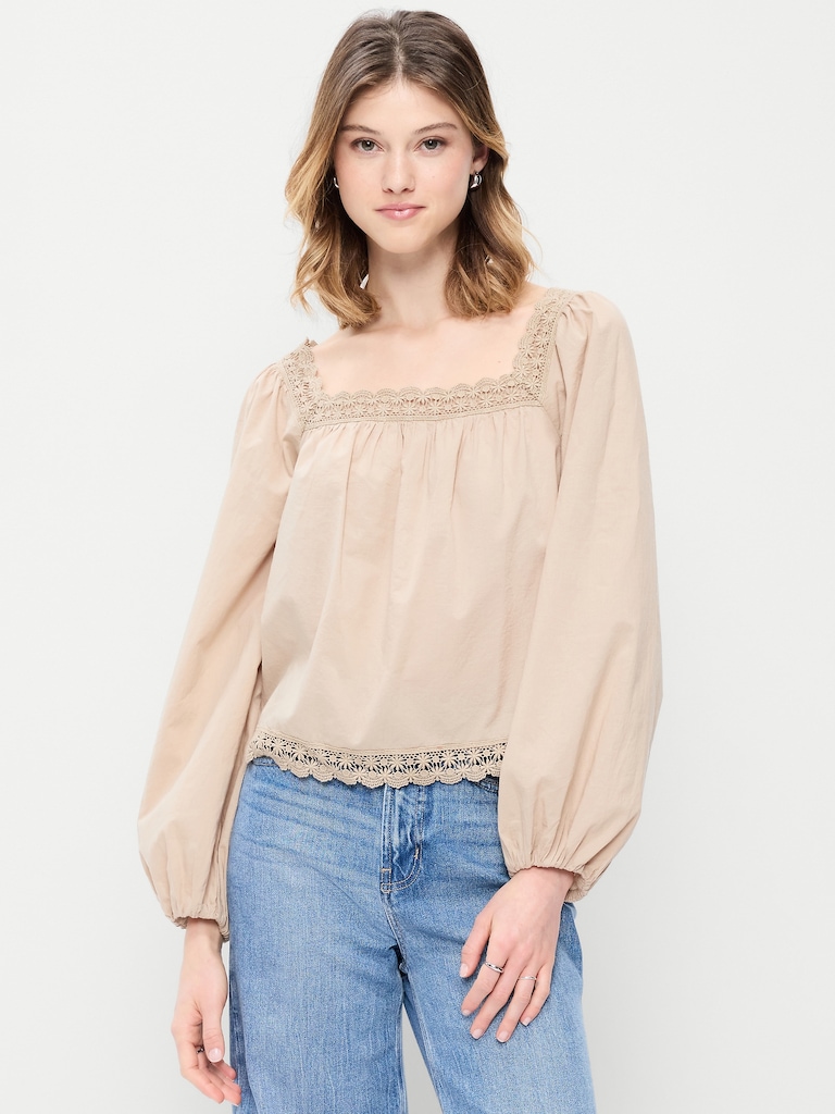 Long-Sleeve Lace Trim Top