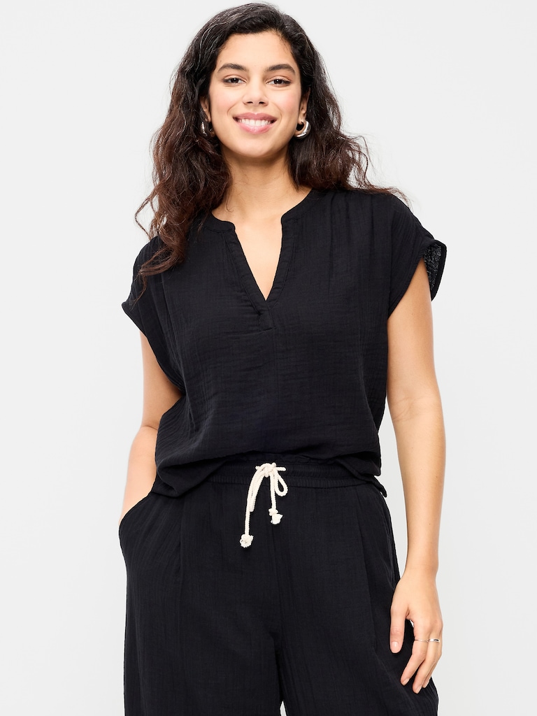 Short-Sleeve Crinkle Gauze Popover Top