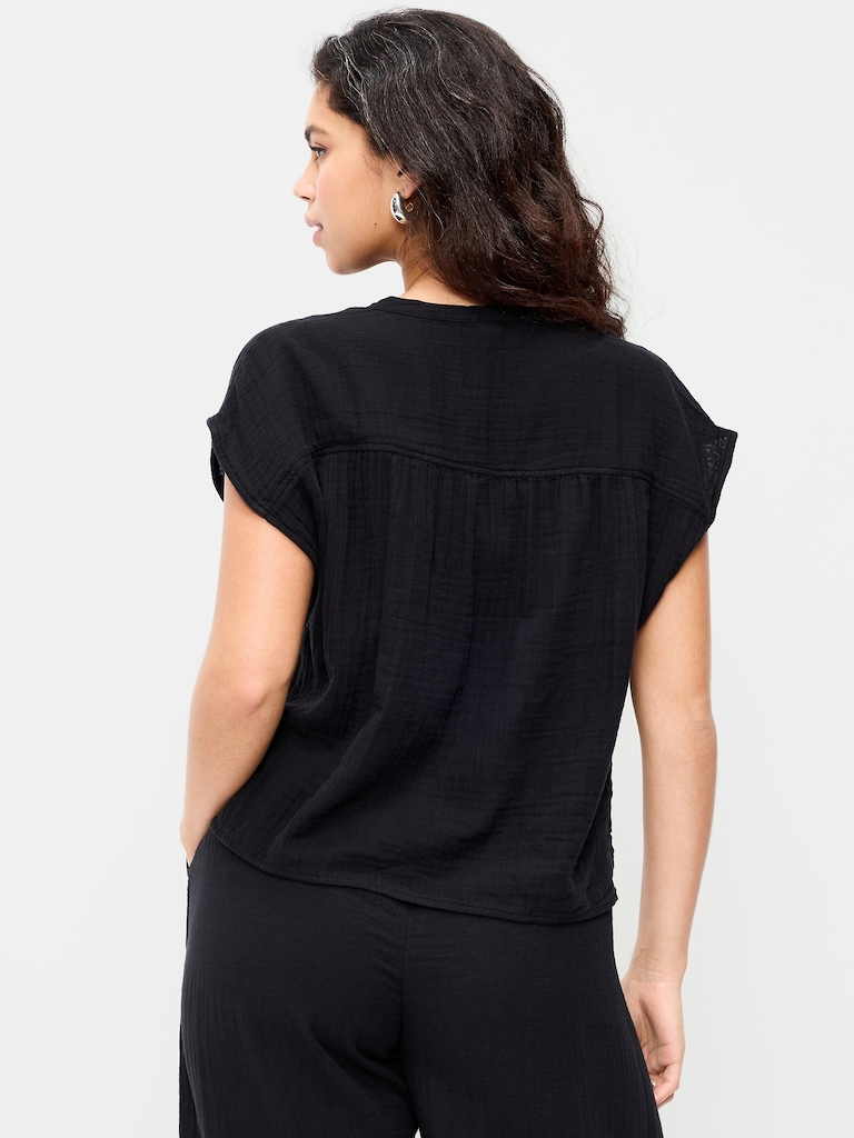 Short-Sleeve Crinkle Gauze Popover Top