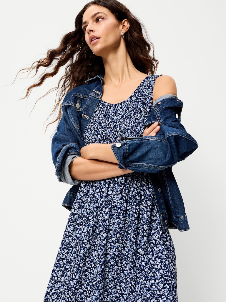 Fit & Flare Sleeveless Smocked-Bodice Midi Dress