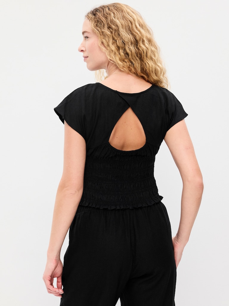 Linen-Blend Short-Sleeve Smocked Top