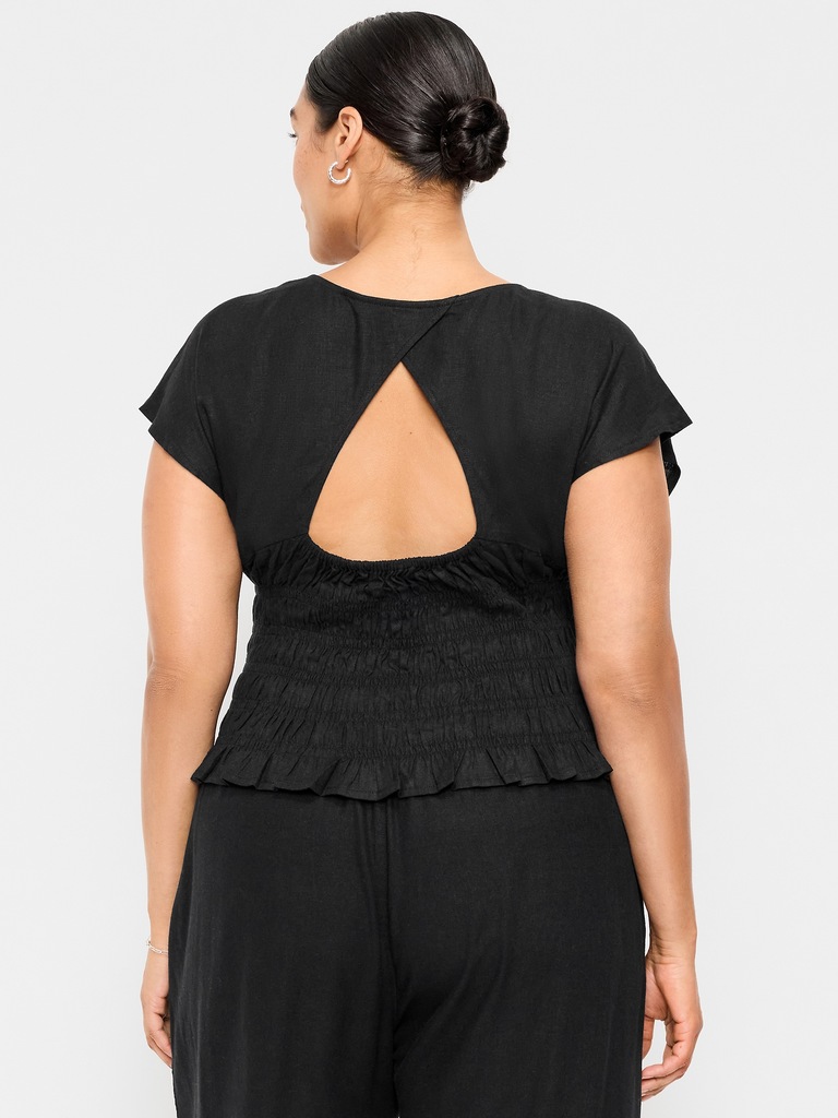 Linen-Blend Short-Sleeve Smocked Top