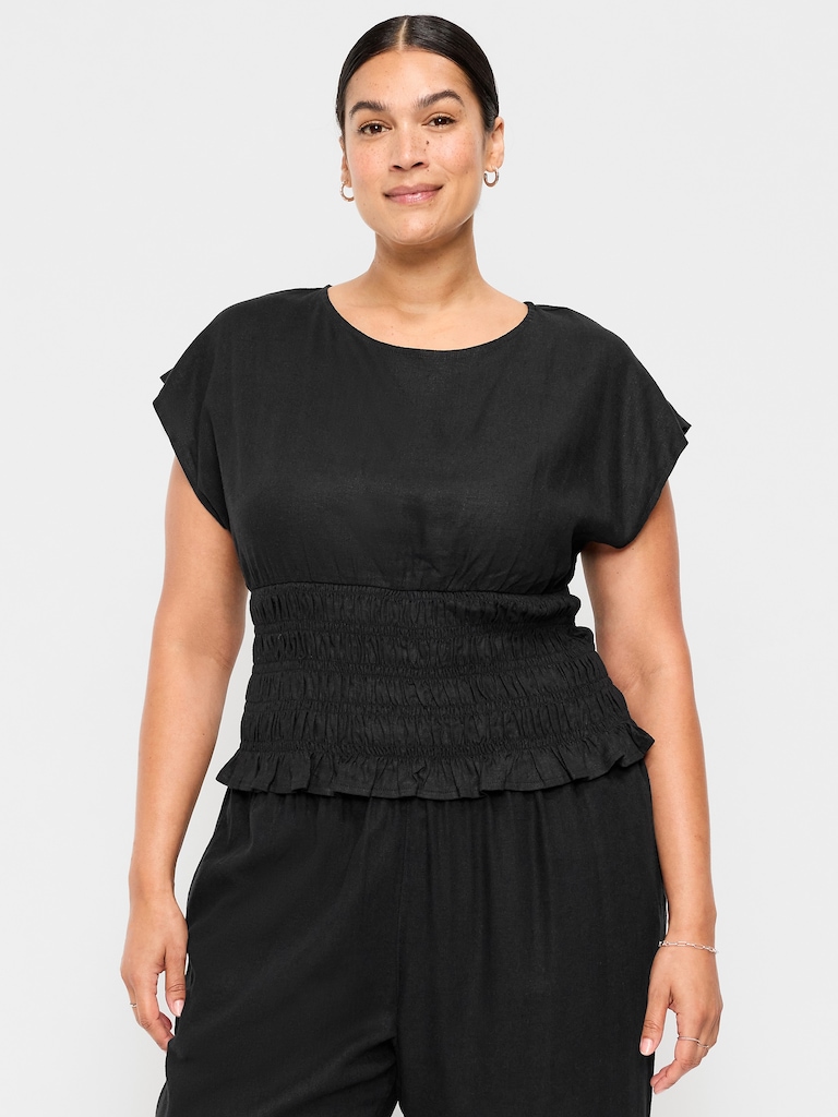 Linen-Blend Short-Sleeve Smocked Top