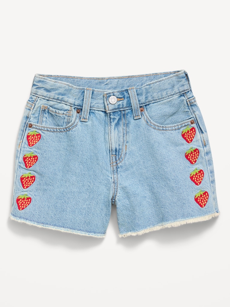 High-Waisted Embroidered Frayed-Hem Jean Shorts for Girls