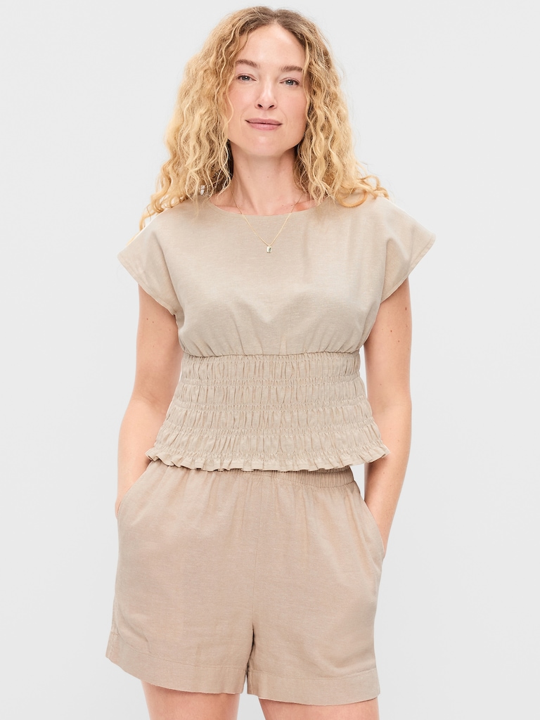 Linen-Blend Short-Sleeve Smocked Top