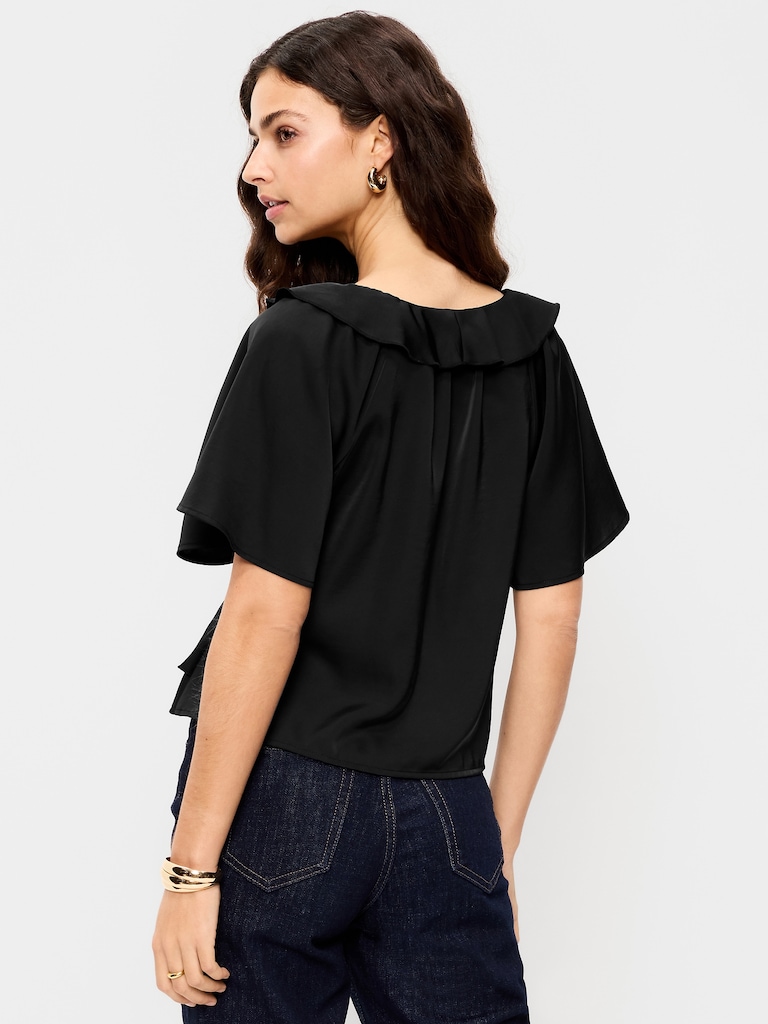 Satin Ruffle Tie-Front Top