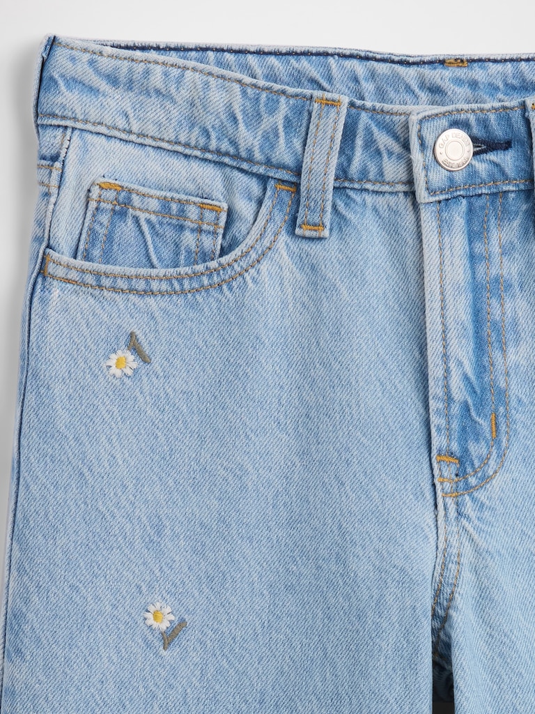 Kids High Rise Embroidered Wide-Leg Jeans