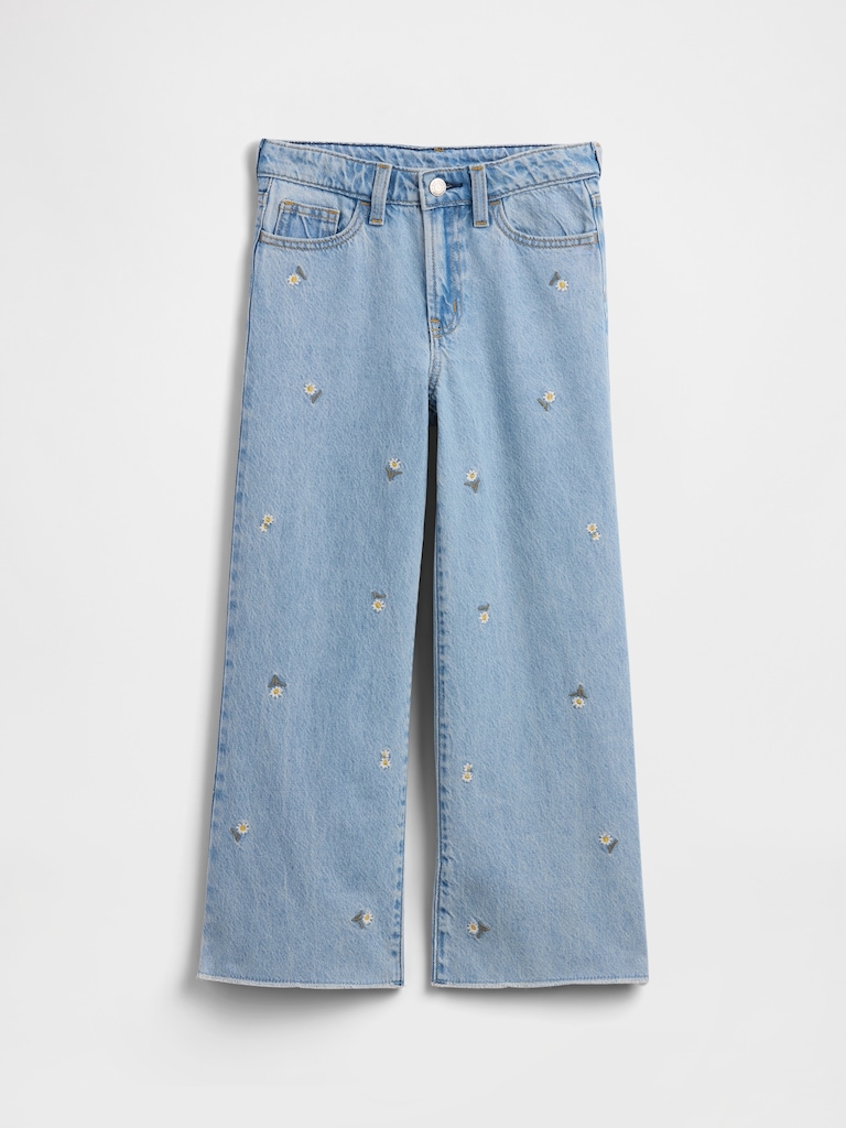 Kids High Rise Embroidered Wide-Leg Jeans