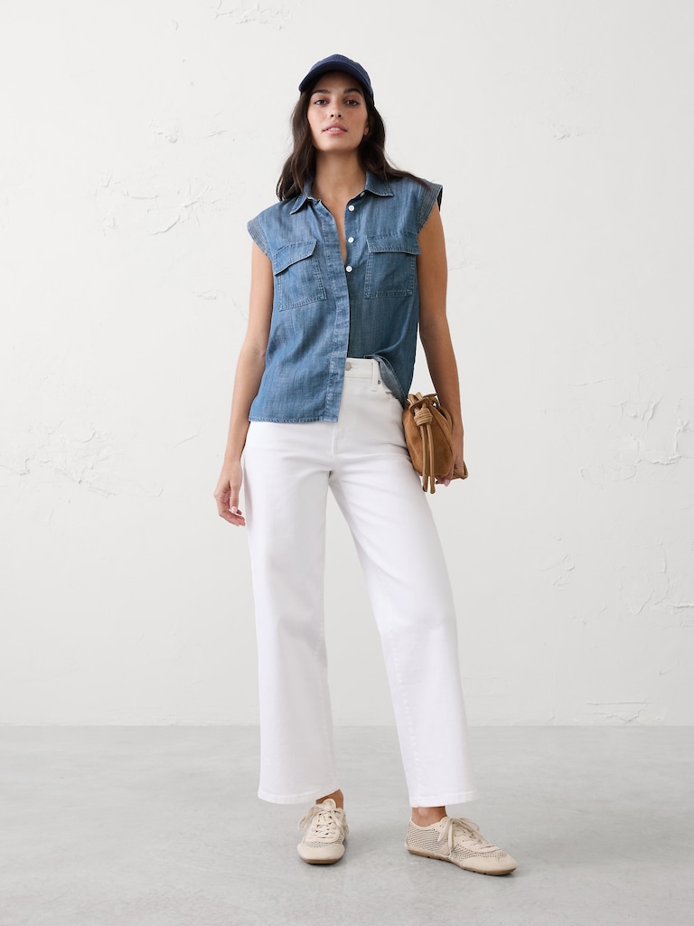 Denim Trapunto Cap-Sleeve Shirt