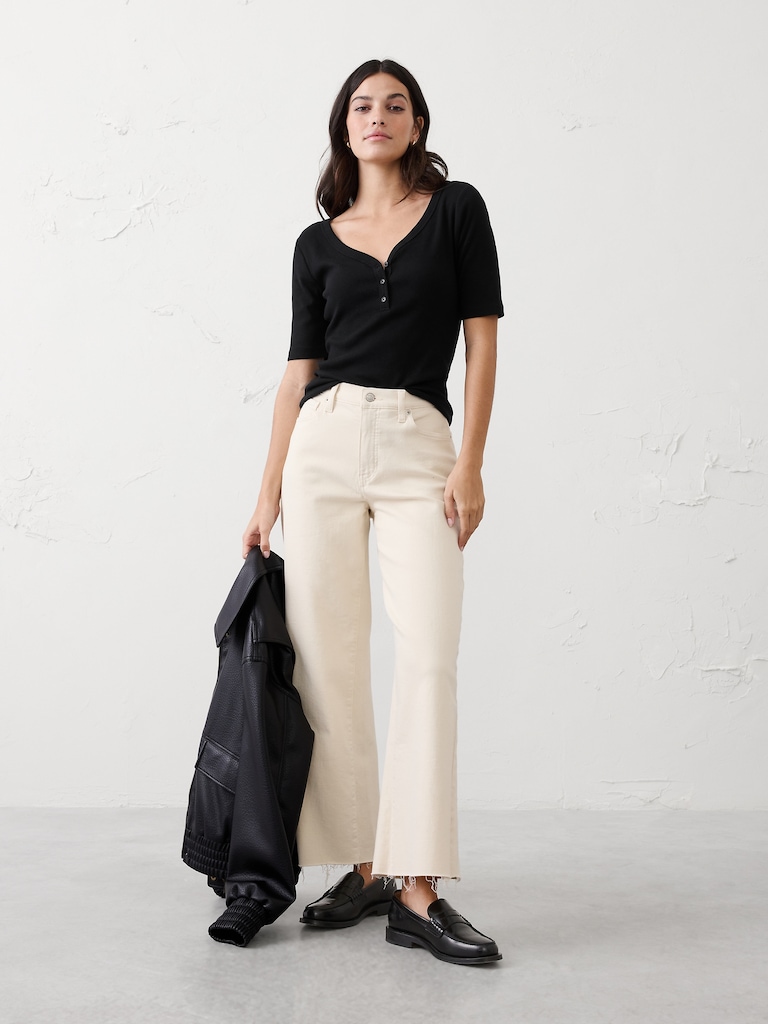 Ribbed Elbow-Sleeve Henley T-Shirt