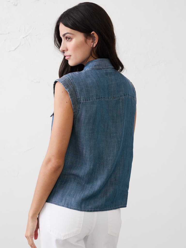 Denim Trapunto Cap-Sleeve Shirt
