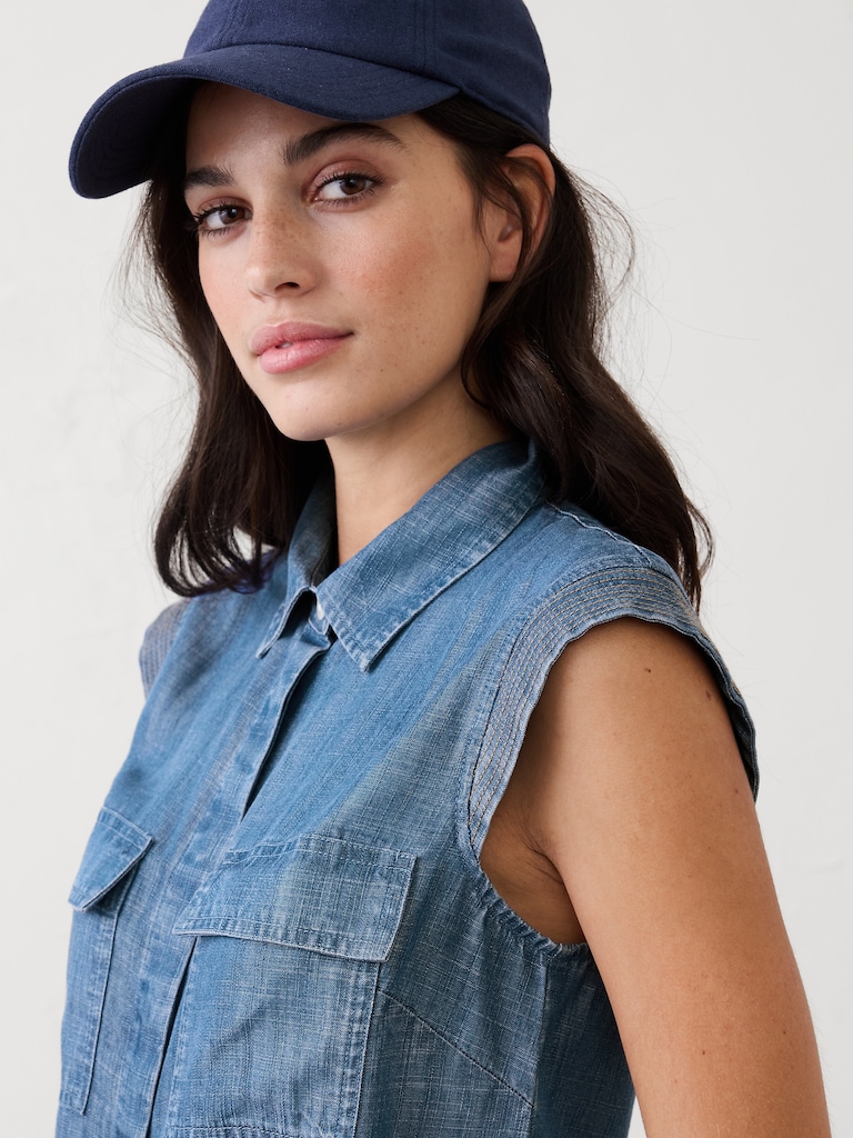 Denim Trapunto Cap-Sleeve Shirt