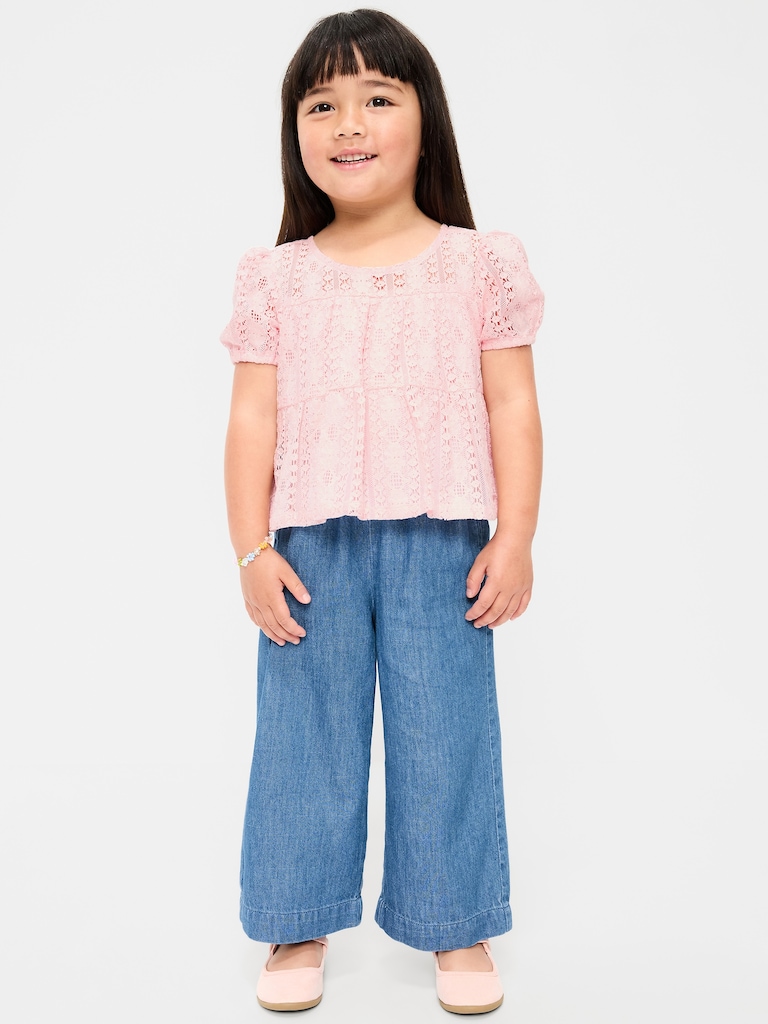 Short-Sleeve Lace Top and Chambray Pants Set for Toddler Girls