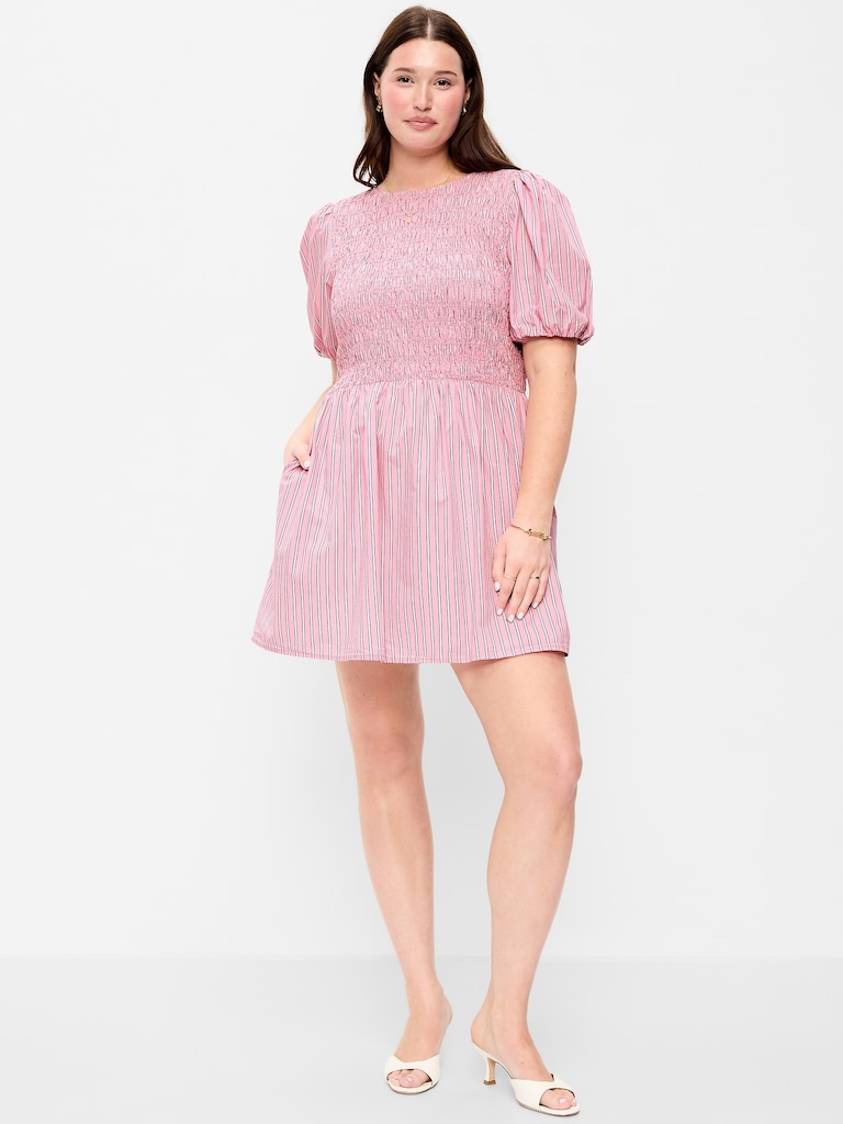 Smocked Puff-Sleeve Flare Mini Dress