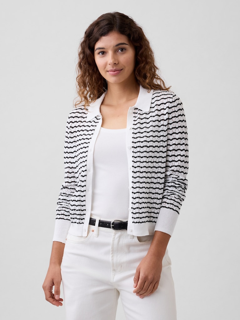 Lace-Stitch Collared Cardigan