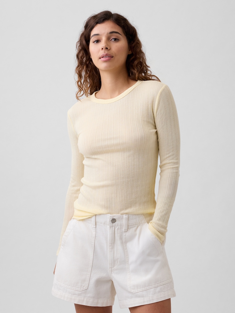 Ribbed Pointelle Crewneck T-Shirt