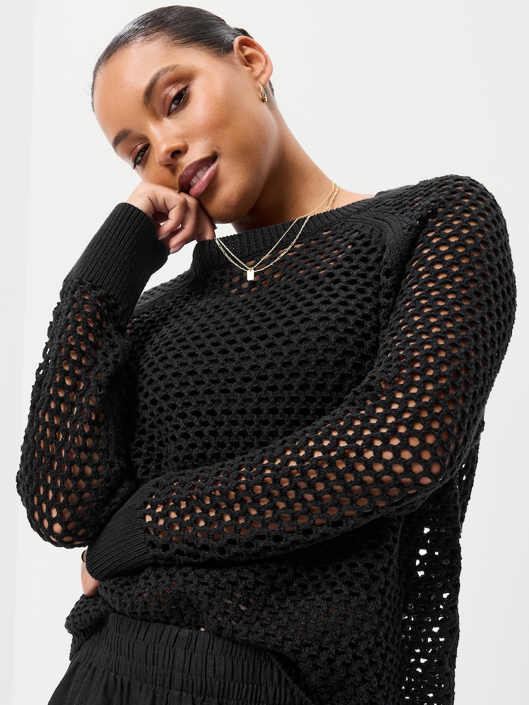 Seaside Cotton Open-Knit Raglan Sweater