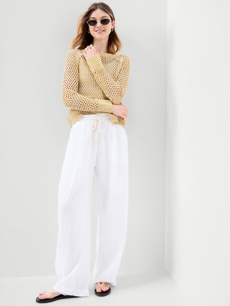 Seaside Cotton Open-Knit Raglan Sweater