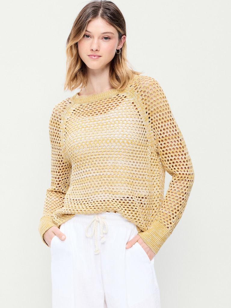 Seaside Cotton Open-Knit Raglan Sweater