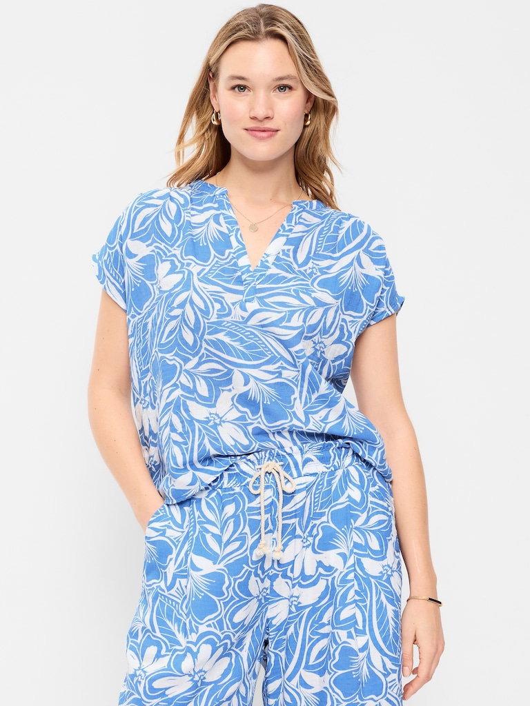 Short-Sleeve Crinkle Gauze Popover Top