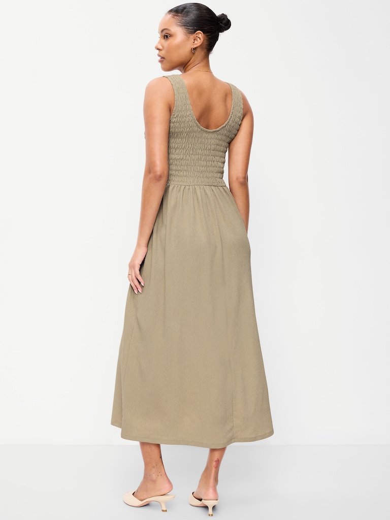 Fit & Flare Sleeveless Smocked-Bodice Midi Dress