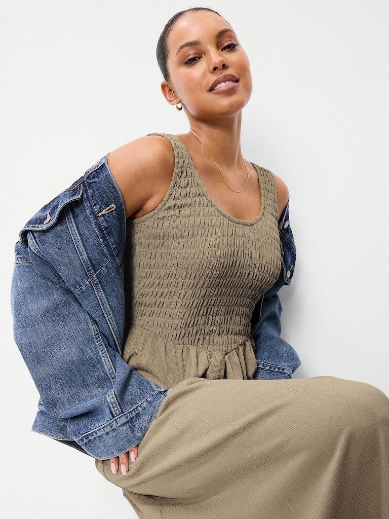 Fit & Flare Sleeveless Smocked-Bodice Midi Dress