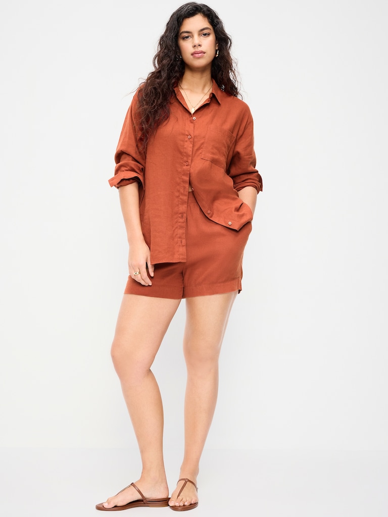 High-Waisted Beach Linen Pull-On Shorts