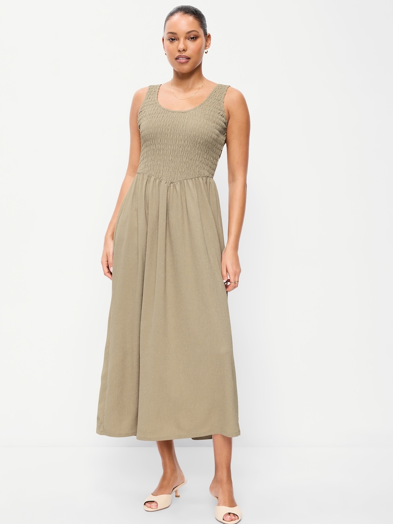 Fit & Flare Sleeveless Smocked-Bodice Midi Dress