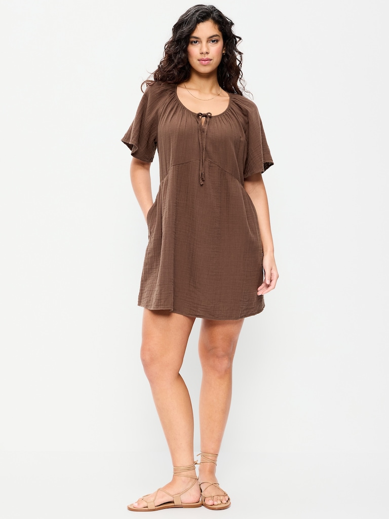 Crinkle Gauze Flutter-Sleeve Mini Swing Dress
