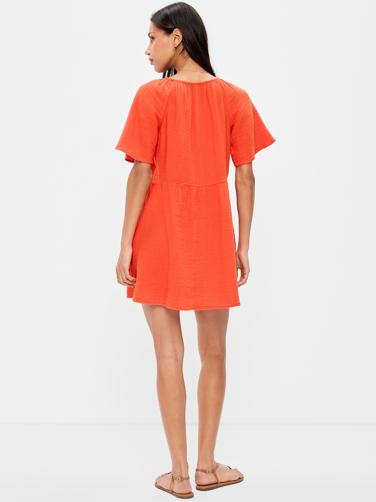 Crinkle Gauze Flutter-Sleeve Mini Swing Dress