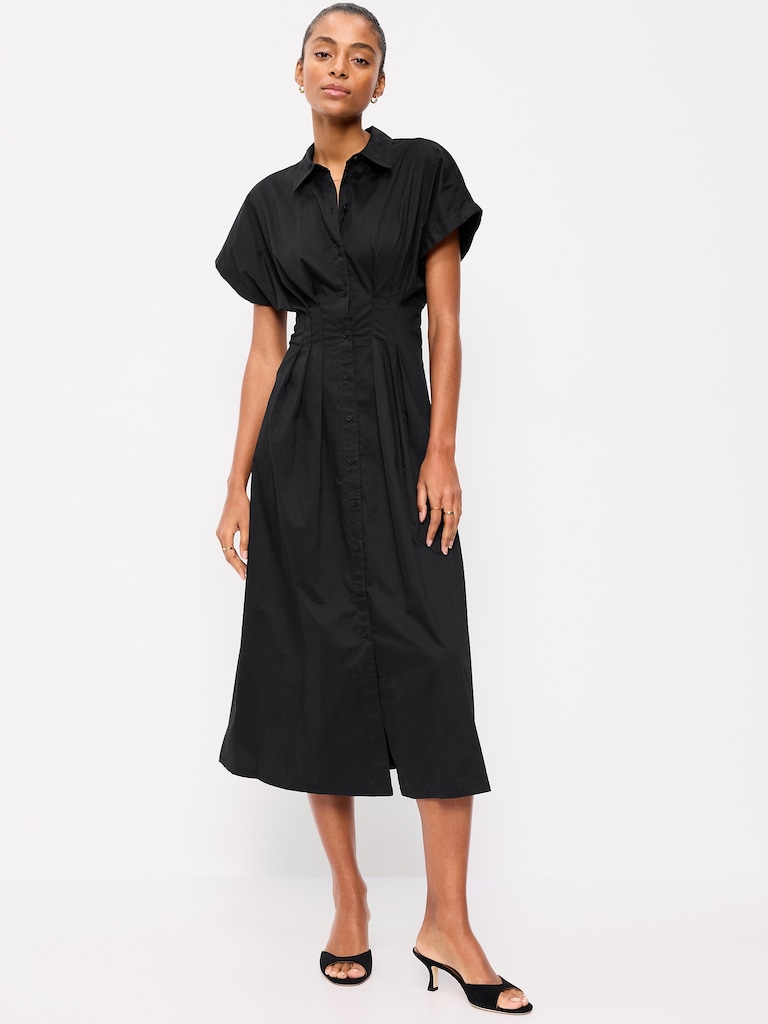 Pintuck-Waist Midi Shirt Dress