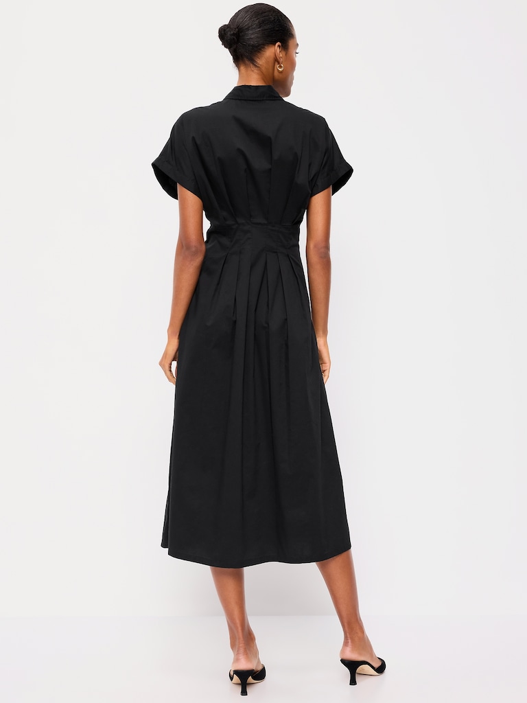 Pintuck-Waist Midi Shirt Dress