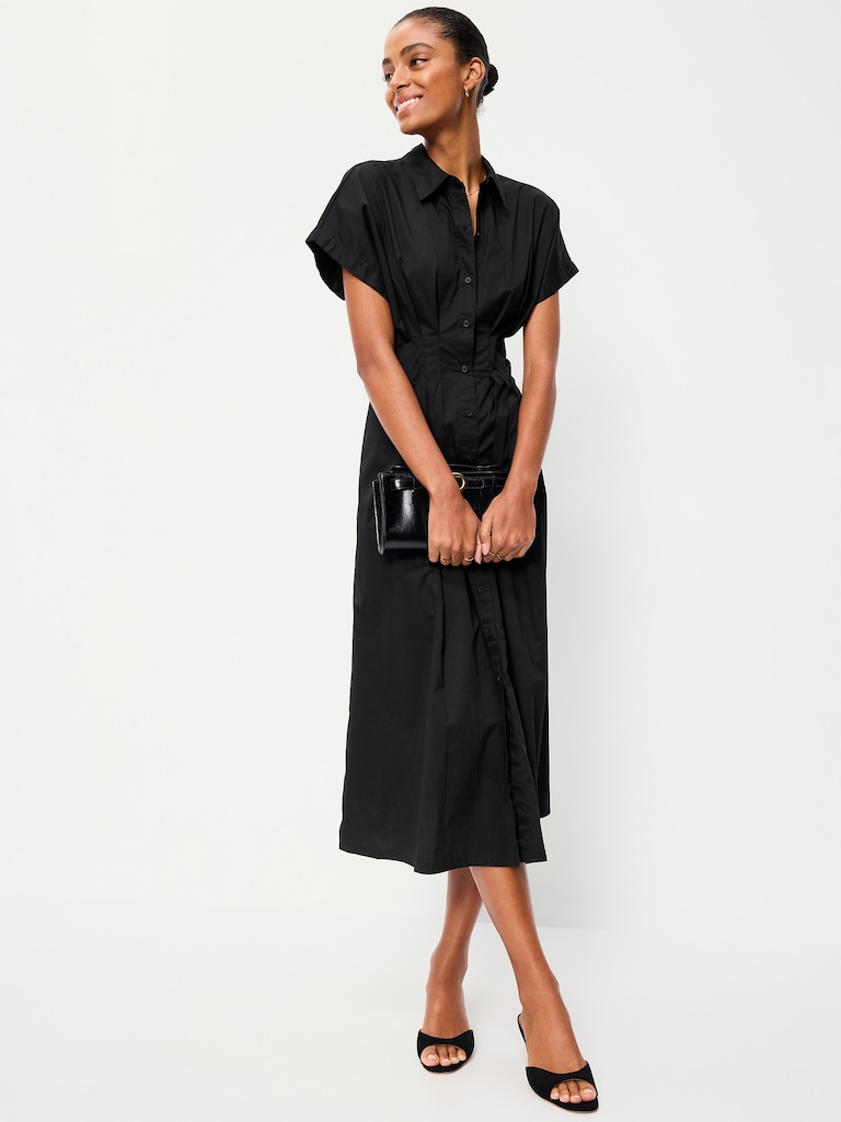 Pintuck-Waist Midi Shirt Dress