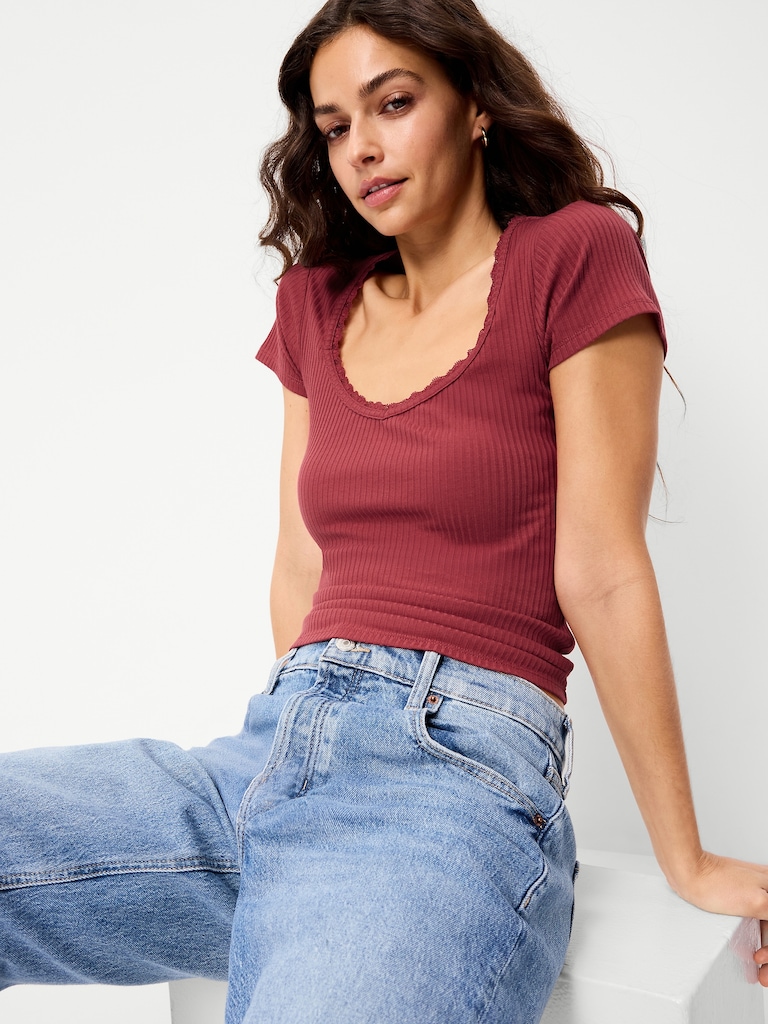 Lace-Trim Sweetheart-Neck Ribbed Top