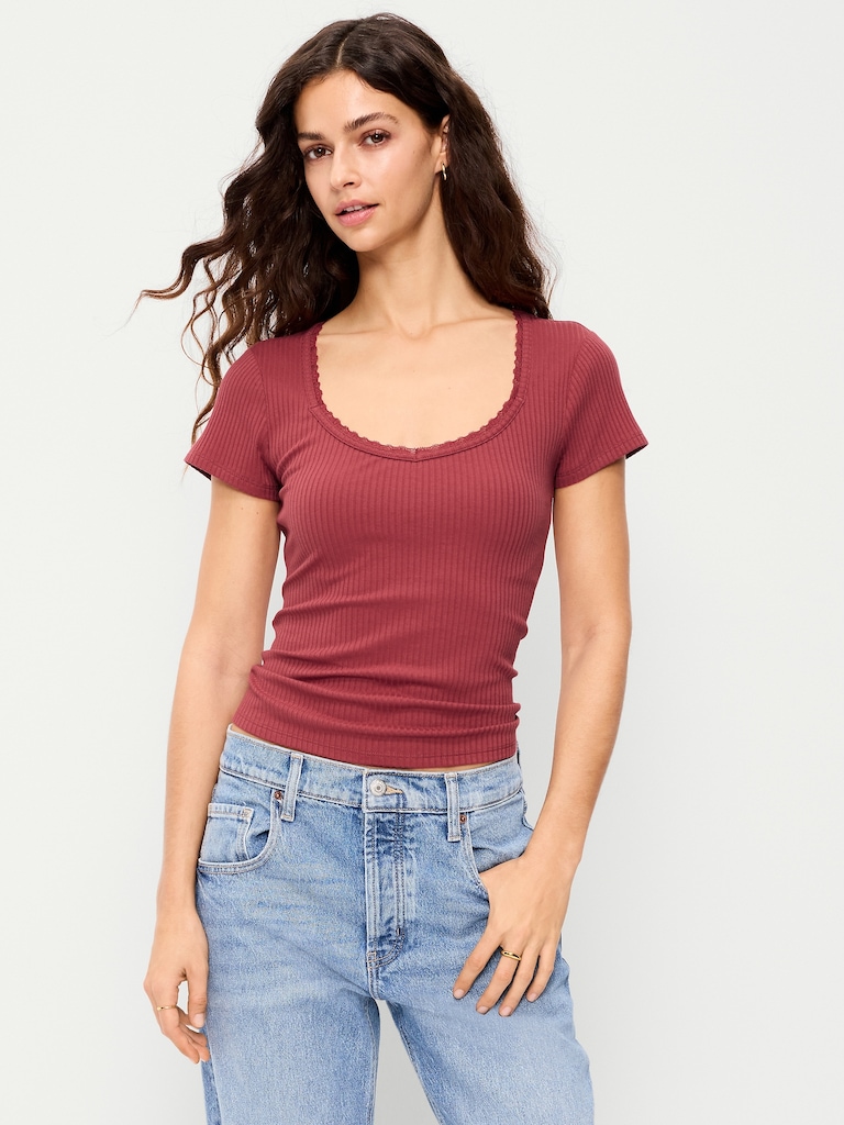 Lace-Trim Sweetheart-Neck Ribbed Top